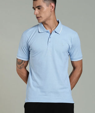 Outlaws men polo t shirt sky blue solid front view