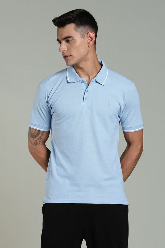 Outlaws men polo t shirt sky blue solid front view