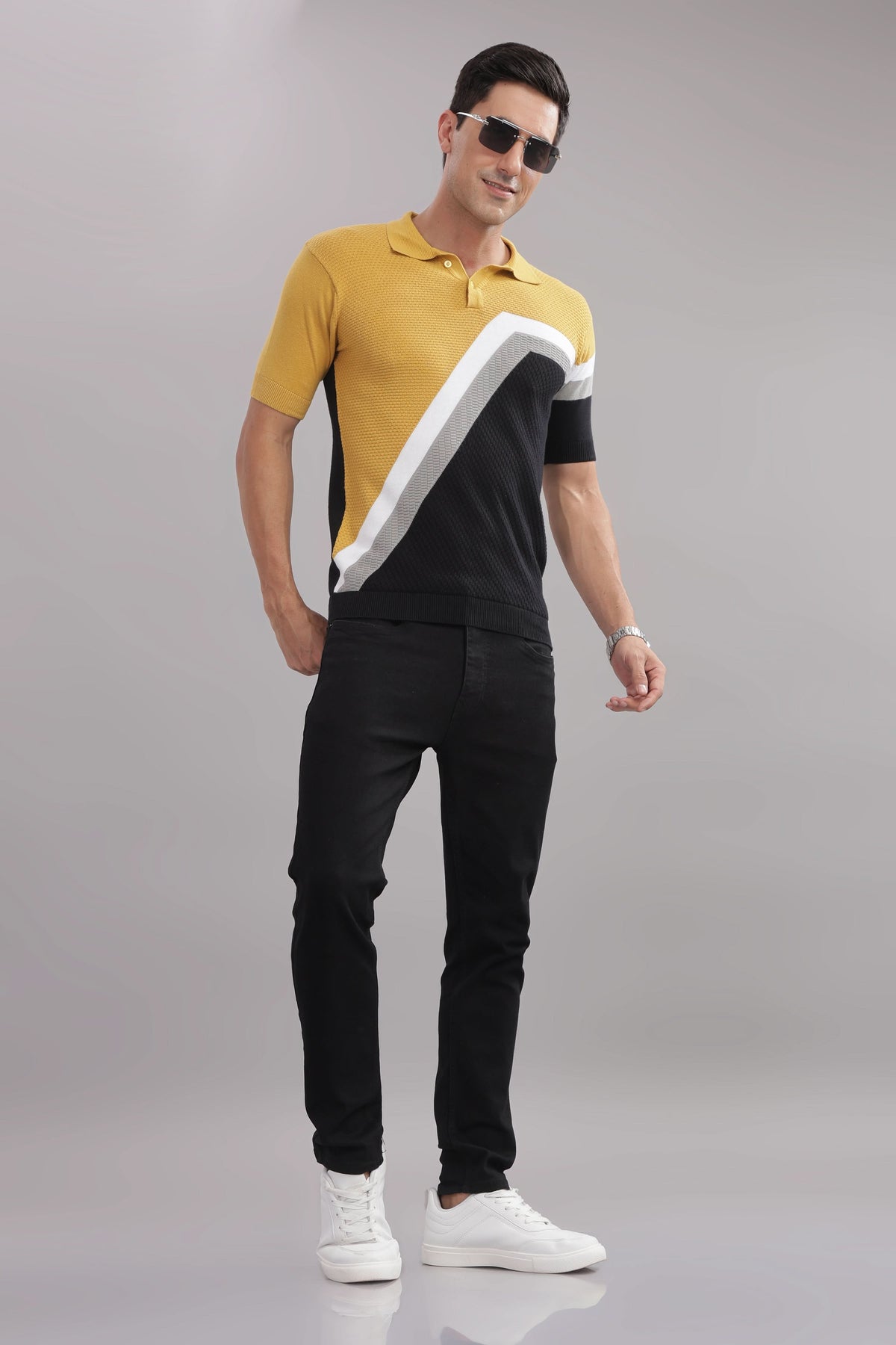stylish men polo t shirt mustard black diagonal style