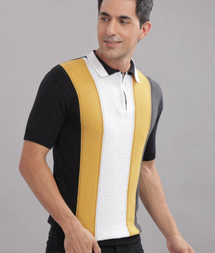 Outlaws men polo t shirt black mustard white striped front view