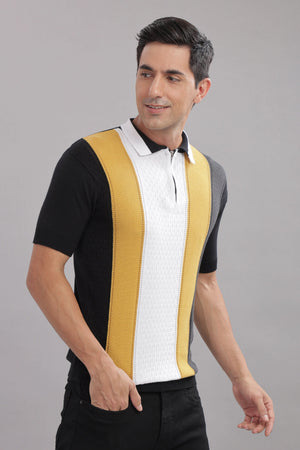 Outlaws Men’s Polo T Shirt – Striped Cotton Slim Fit Black Mustard White