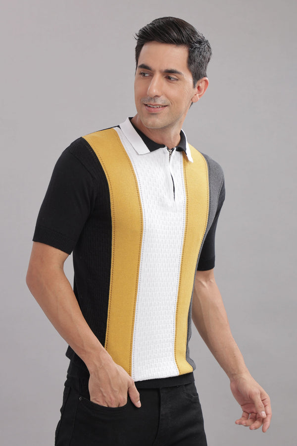 Outlaws men polo t shirt black mustard white striped front view