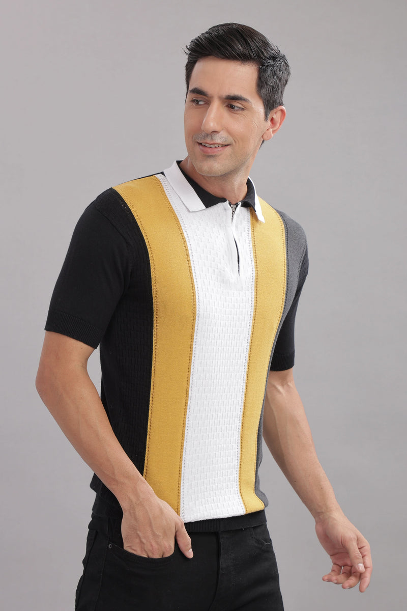 Outlaws men polo t shirt black mustard white striped front view
