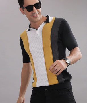 men casual polo t shirt black mustard stripe detail
