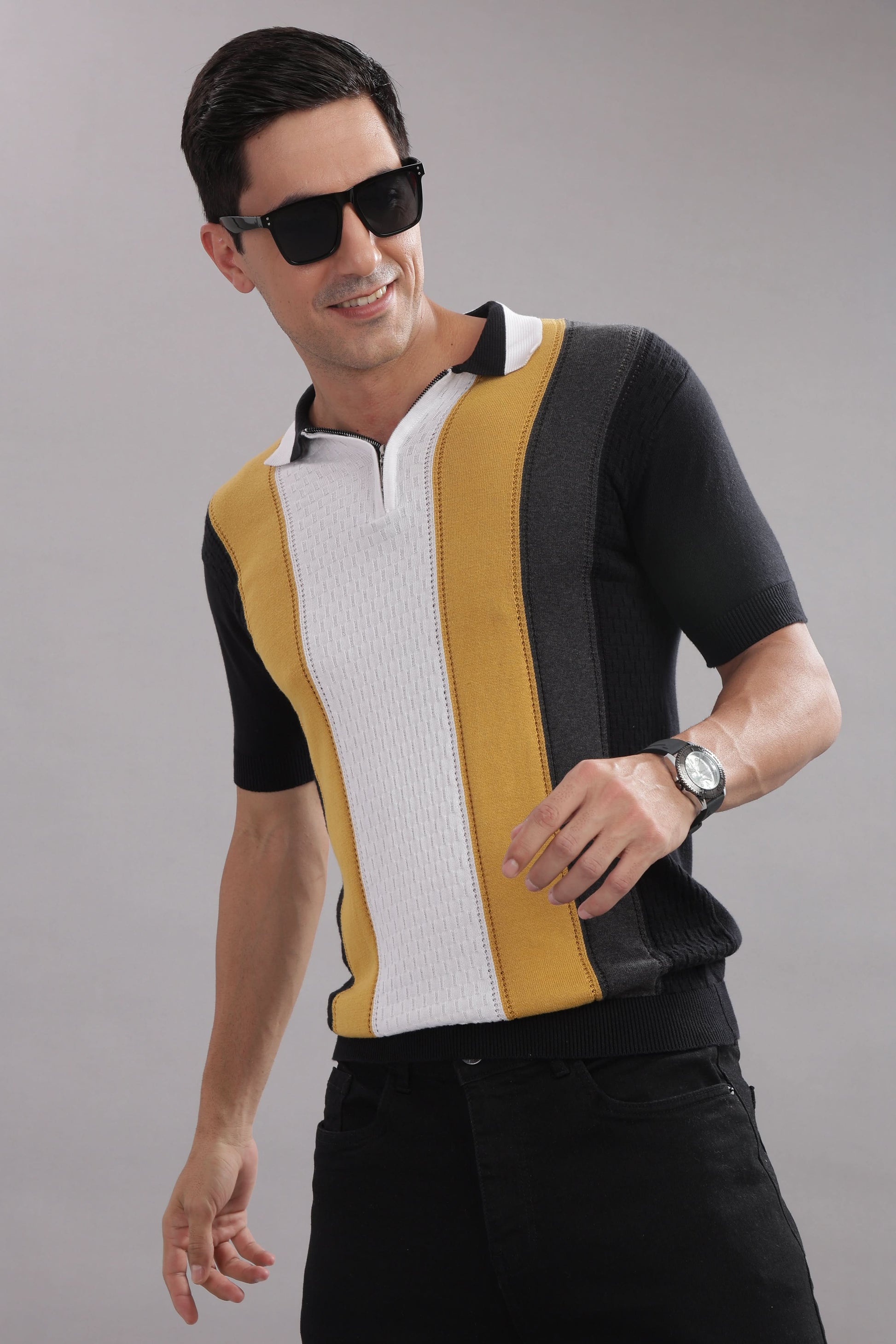 men casual polo t shirt black mustard stripe detail