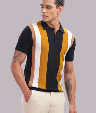 stylish men black polo t shirt vertical stripe pattern