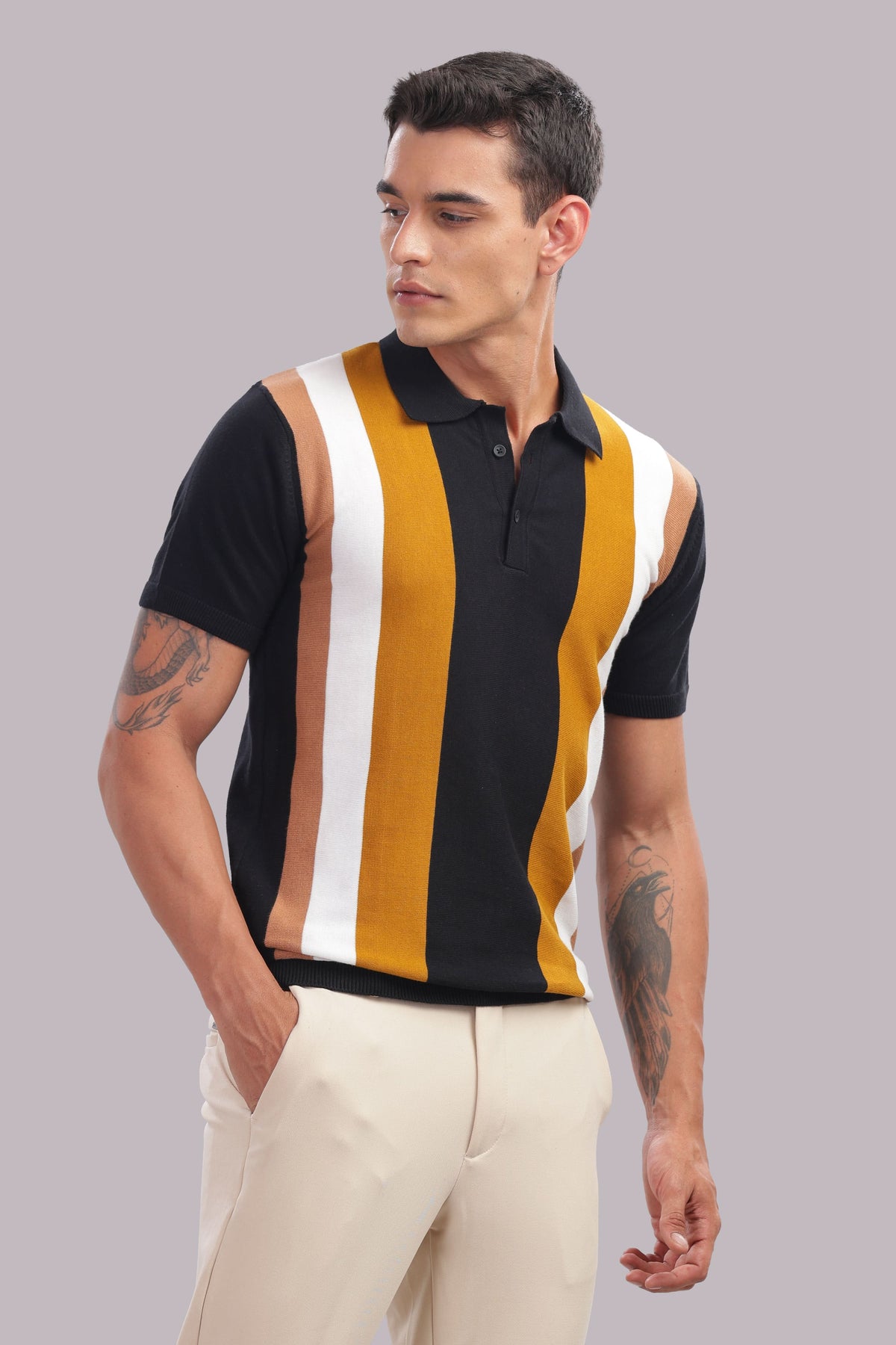 stylish men black polo t shirt vertical stripe pattern