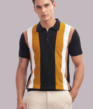 Outlaws men striped polo t shirt black mustard white front view