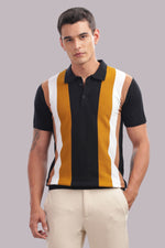 Outlaws men striped polo t shirt black mustard white front view