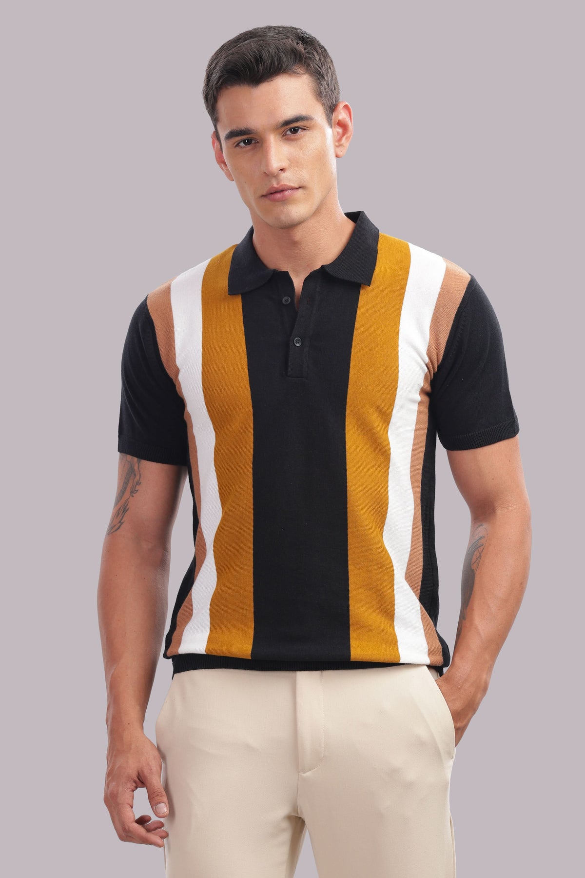 Outlaws men striped polo t shirt black mustard white front view