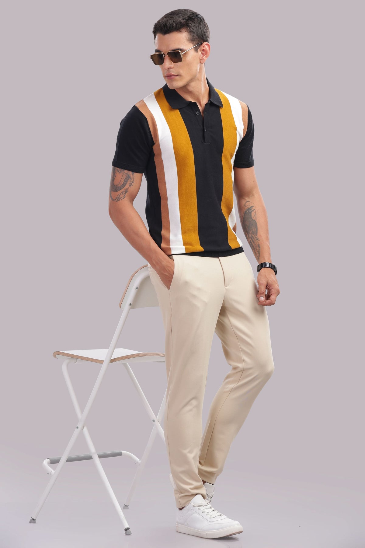 Men's vertical stripe polo shirt by Outlaws Fashion, made of 100% cotton, casual wear with classic style and comfortable fit.