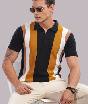 Outlaws Fashion men's cotton polo shirt with vertical blue and white stripes, casual wear, 100% cotton fabric.