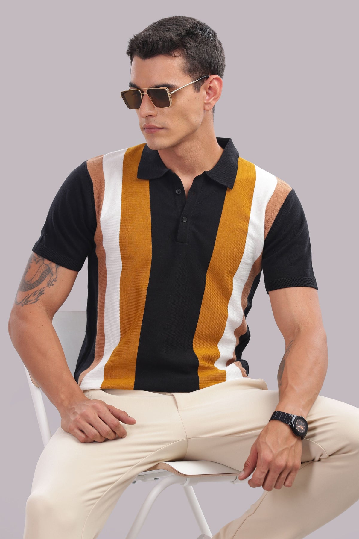 Outlaws Fashion men's cotton polo shirt with vertical blue and white stripes, casual wear, 100% cotton fabric.