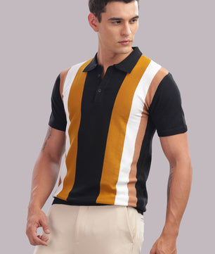 Men’s premium cotton polo shirt with vertical stripes, casual wear by Outlaws Fashion, showcasing the classic collar and striped pattern.