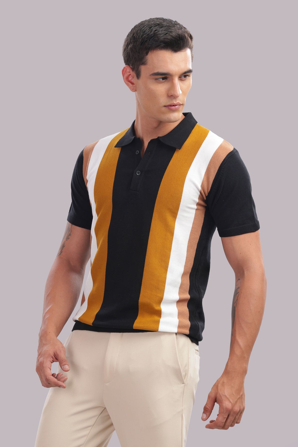 Men’s premium cotton polo shirt with vertical stripes, casual wear by Outlaws Fashion, showcasing the classic collar and striped pattern.