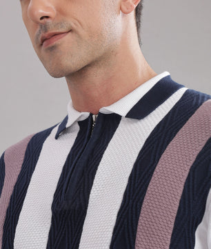 striped polo t shirt for men textured cotton slim fit