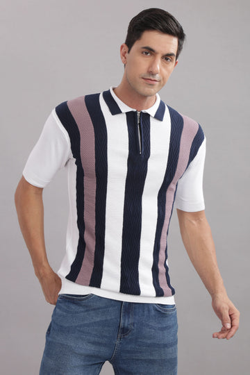 Outlaws men striped polo t shirt white navy pink
