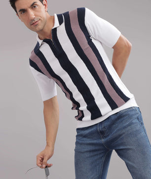 men casual polo t shirt zip neck striped pattern