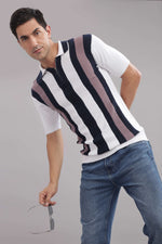 men casual polo t shirt zip neck striped pattern