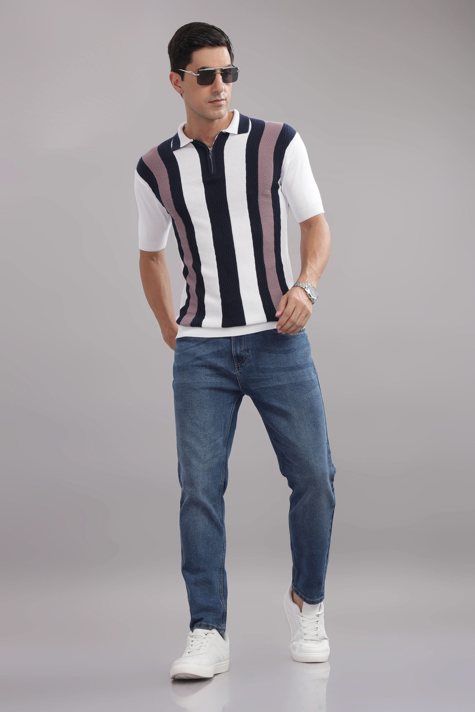 stylish men polo t shirt vertical stripe pattern front
