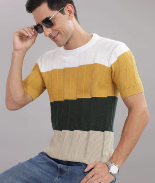 Outlaws Fashion men's 100% cotton colorblock knit T-shirt, casual stylish wear with bold color blocks and comfortable fit.