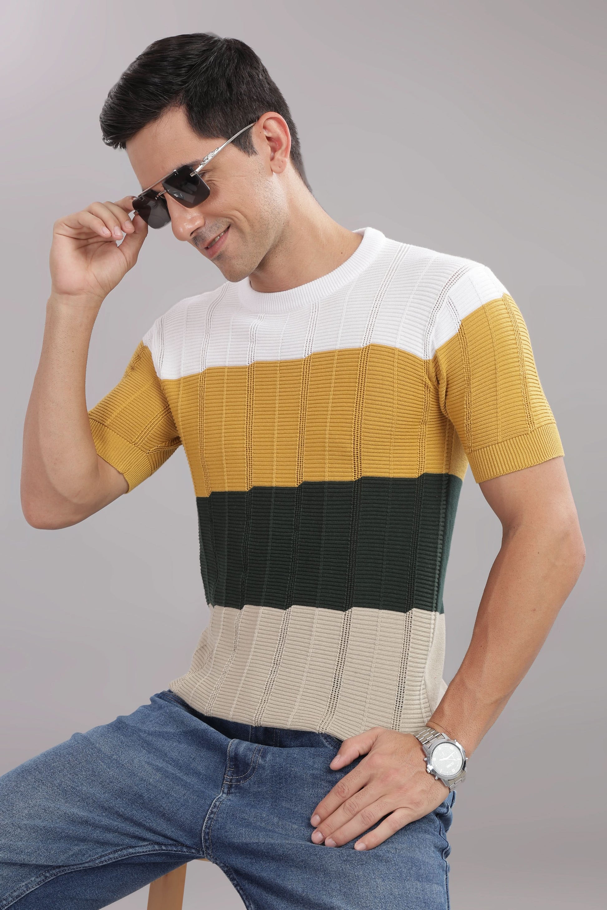 Outlaws Fashion men's 100% cotton colorblock knit T-shirt, casual stylish wear with bold color blocks and comfortable fit.