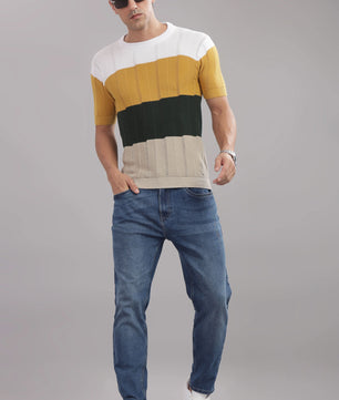 Men's 100% cotton colorblock knit T-shirt by Outlaws Fashion, featuring a stylish casual design with bold color blocks.