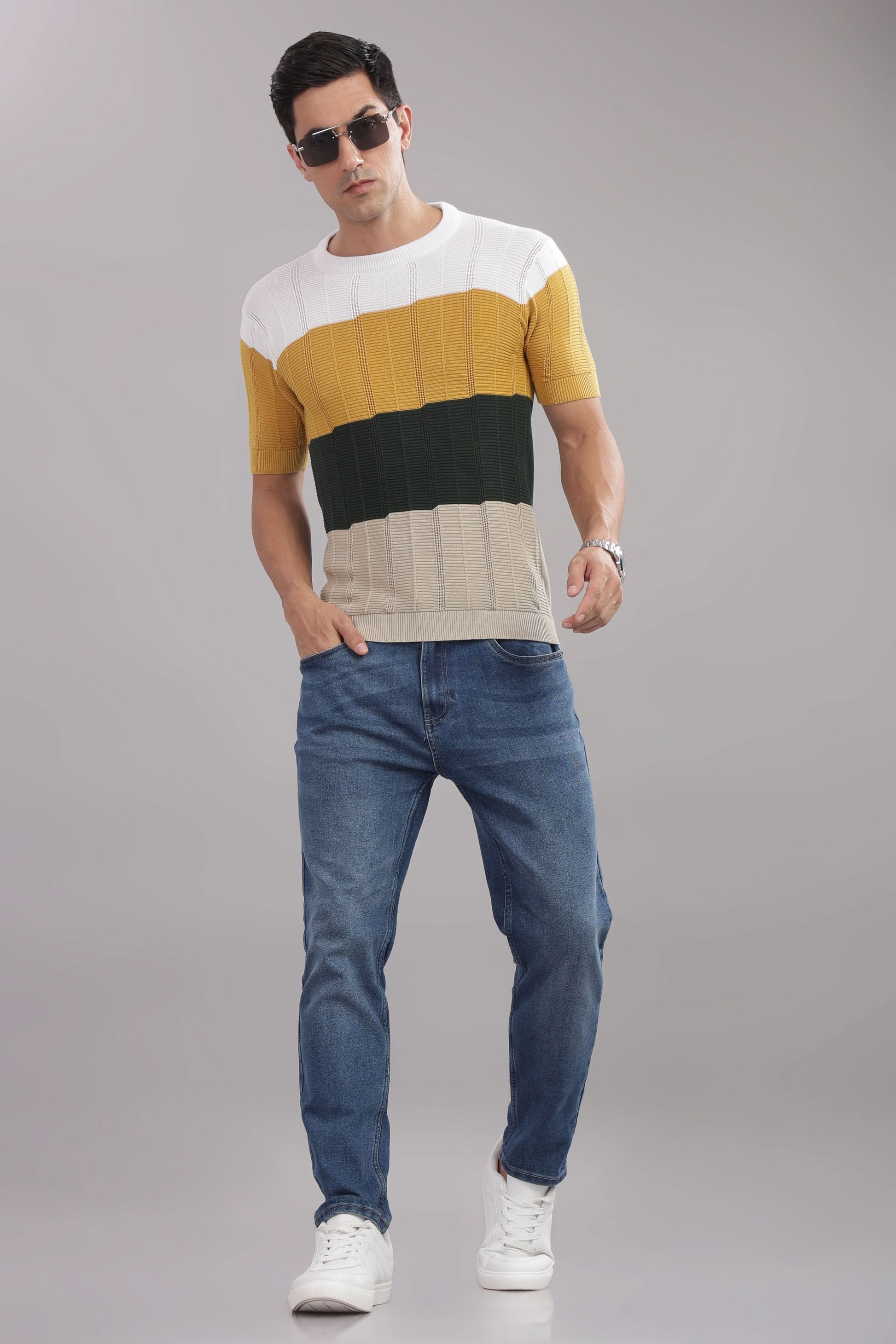Men's 100% cotton colorblock knit T-shirt by Outlaws Fashion, featuring a stylish casual design with bold color blocks.