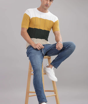 Men's 100% cotton colorblock knit T-shirt by Outlaws Fashion, featuring a stylish casual design in vibrant color blocks.