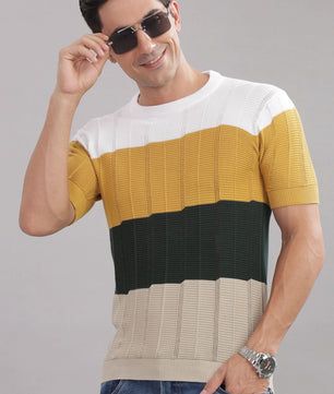 Outlaws Fashion men's 100% cotton colorblock knit T-shirt featuring a stylish casual design with bold color blocks.