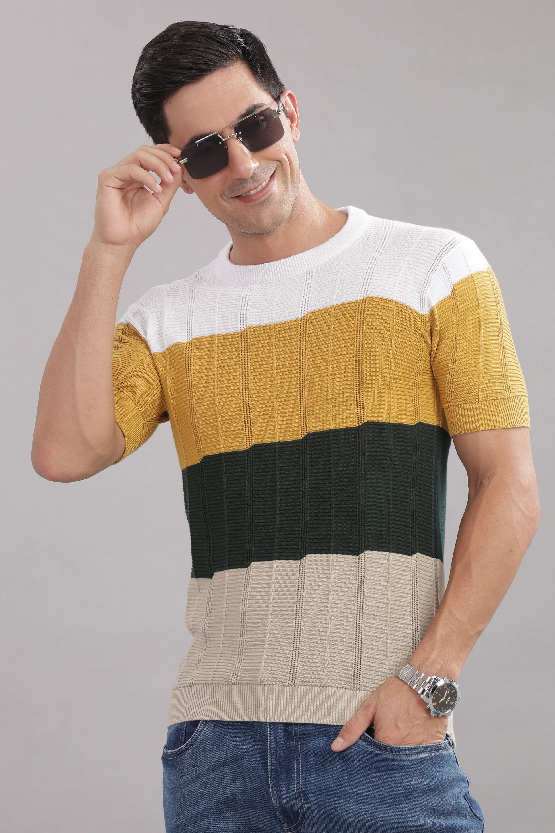 Outlaws Fashion men's 100% cotton colorblock knit T-shirt featuring a stylish casual design with bold color blocks.