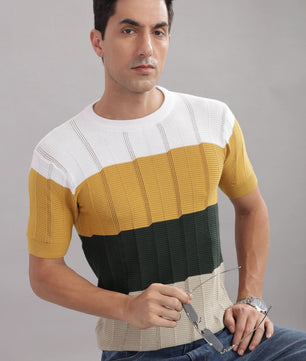 Outlaws Fashion men's 100% cotton colorblock knit T-shirt featuring a stylish casual design with vibrant color panels.