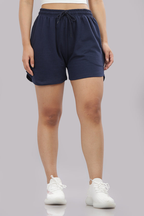 Navy blue women's shorts by Outlaws Fashion with a casual fit, shown on a model, ideal for summer wear