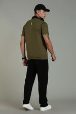 Outlaws Fashion men's olive green athleisure T-shirt displayed on a model, casual fit, soft fabric, suitable for active and relaxed wear.