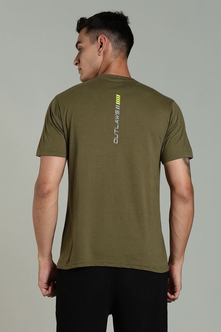 Outlaws Fashion men's olive green athleisure T-shirt with a relaxed fit, casual style, and comfortable fabric.