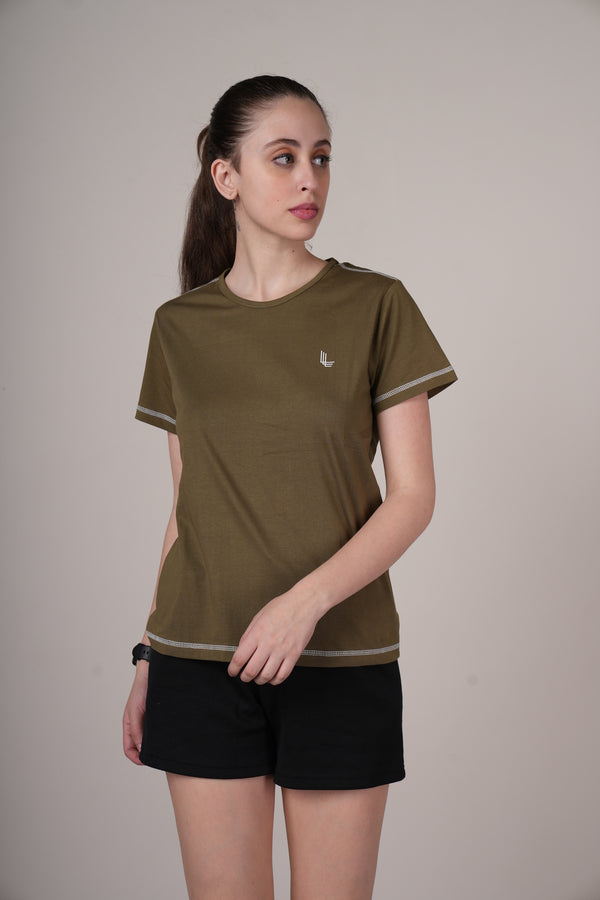 Outlaws Fashion olive green solid T-shirt for workout, casual style, front view showcasing fit and fabric texture.
