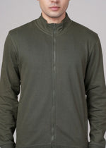 Outlaws Olive men's sweat jacket with a hood, front pockets, and ribbed cuffs, made by Outlaws Fashion.
