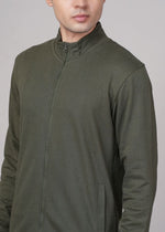 Men's olive sweat jacket by Outlaws Fashion, casual fit with hood and front pockets, shown on a model.