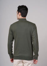 Outlaws Olive men's sweat jacket with front pockets and hood, casual streetwear style from Outlaws Fashion.