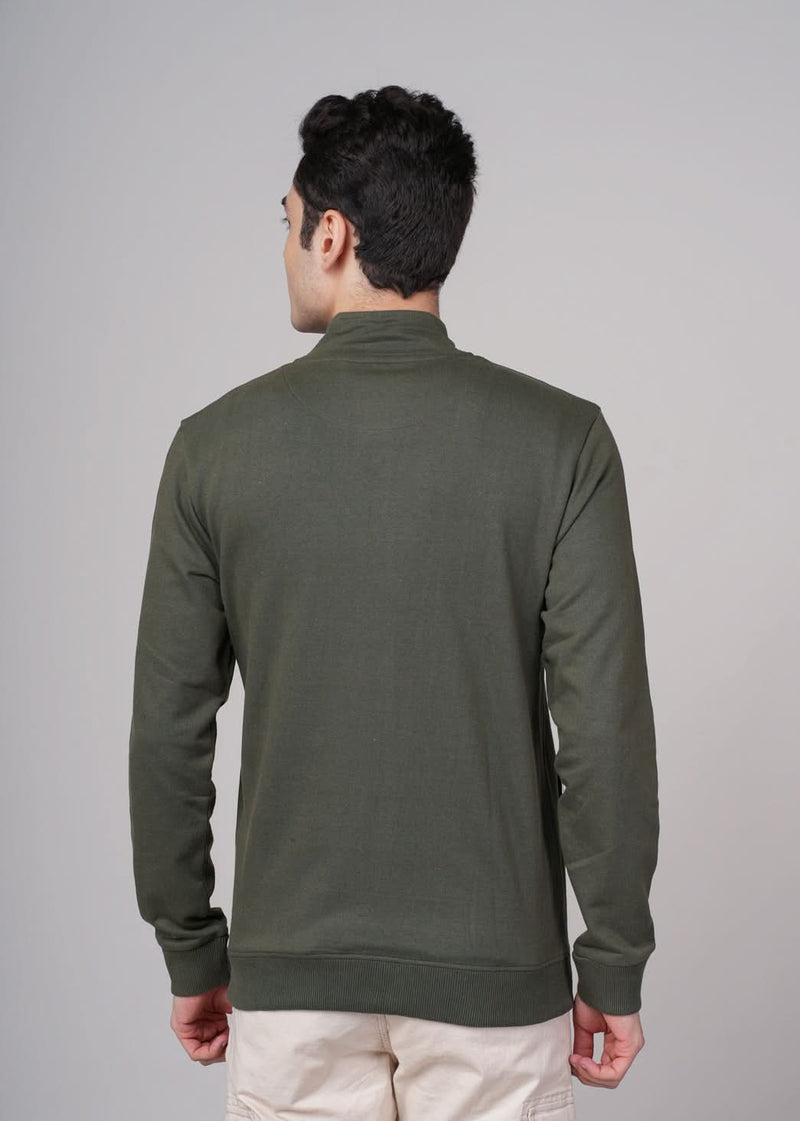 Outlaws Olive men's sweat jacket with front pockets and hood, casual streetwear style from Outlaws Fashion.