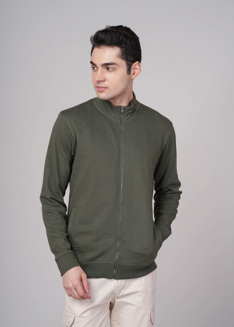 Outlaws Olive men's sweat jacket with hood and front pockets, casual outdoor style, made by Outlaws Fashion.