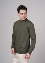 Outlaws Olive Sweat Jacket for Men, casual style with a relaxed fit, featuring a hood and front pockets, made by Outlaws Fashion.