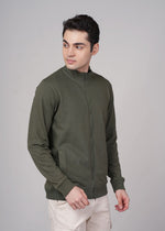 Outlaws Olive men's sweat jacket with a relaxed fit, featuring a hood and front pockets, casual streetwear style.