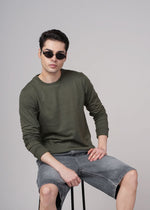 Outlaws Olive Sweatshirt for Men, casual fit with long sleeves and ribbed cuffs, displayed on a hanger.