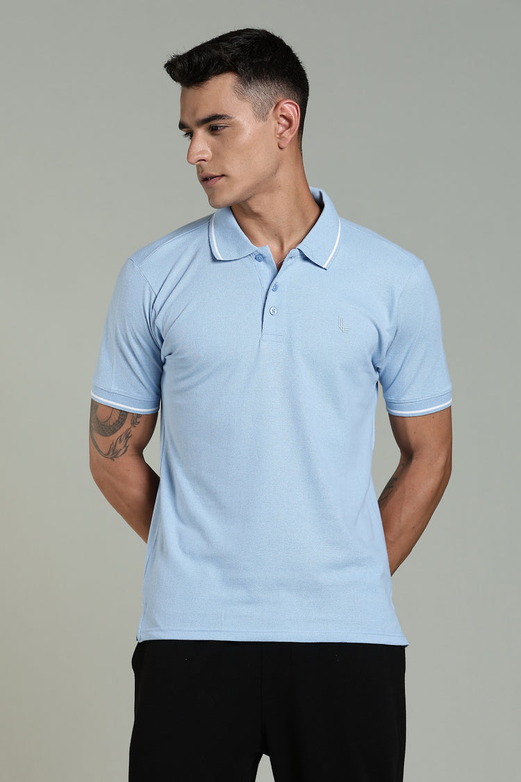 Men's sky blue polo T-shirt by Outlaws Fashion, featuring a classic collar and short sleeves, laid flat on a white background.