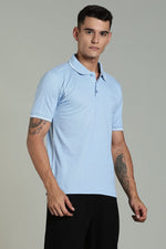 Men's sky blue polo T-shirt by Outlaws Fashion, featuring a classic collar and short sleeves, displayed on a hanger.