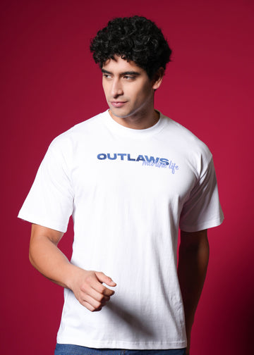 Outlaws White Oversized Cotton T-Shirt with streetwear style, featuring a relaxed fit and casual design.