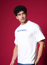 Outlaws White Oversized Cotton T-Shirt with streetwear style, featuring a relaxed fit and classic crew neckline.