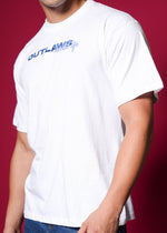 Outlaws White Oversized T-Shirt made of 100% cotton, featuring a relaxed streetwear style with a loose fit and simple design.