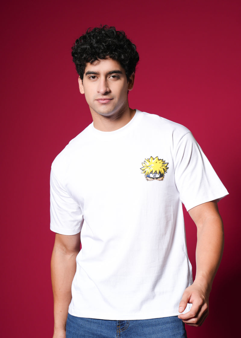 Outlaws White Oversized Cotton T-Shirt with streetwear style, shown on a hanger with a relaxed fit and casual design.